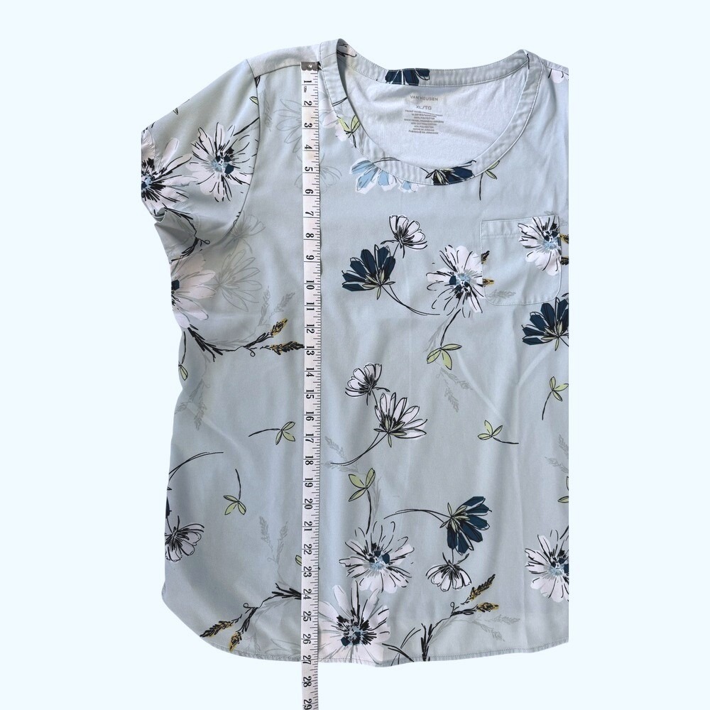 Van‎ Heusen Top Womens XL Blue Floral Short Sleeve Mixed Media Pocket Blouse - Picture 4 of 5